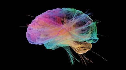 An artistic illustration of a brain with vibrant, colorful neural pathways branching out, symbolizing creativity and thought processes against a dark background