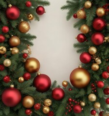 Lush evergreen pine branches are adorned with an assortment of colorful red and gold Christmas ornaments in a whimsical and festive arrangement, holiday decor, , gold