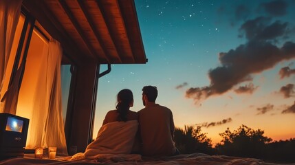 A silhouette couple enjoys a romantic sunset on a tropical beach