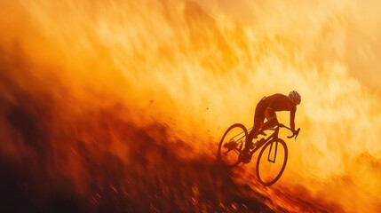 Obraz premium A lone cyclist enjoys an evening mountain bike ride silhouetted against the summer sunset sky