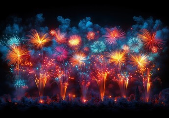 Vibrant Colorful Fireworks Display Over Dark Night Sky with Multiple Bursts and Sparkling Effects for Celebrations and Festivities