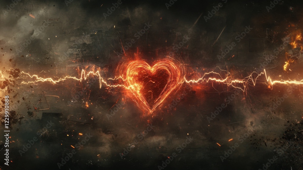 Poster an artistic rendering of heart wave patterns emerging from a heartbeat monitor, incorporating elemen