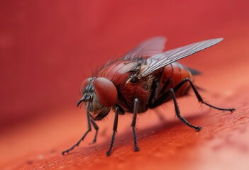 Fototapeta premium Macro shot of a fly on a vibrant red background, vibrant, color, close-up