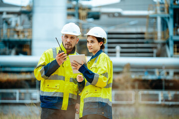 Construction workers collaborate on site with technology during daylight hours