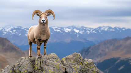 A powerful bighorn sheep stands confidently on a rugged rocky peak, surrounded by towering snow-capped mountains under a cloudy sky