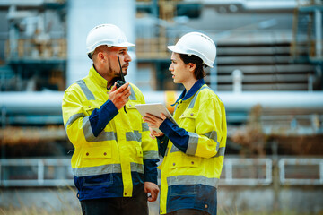 Workers collaborate on project at industrial site during daylight hours while wearing safety gear and communicating