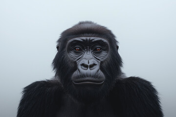 Obraz premium Portrait of a black gorilla staring intensely with deep brown eyes, set against a soft misty background 
