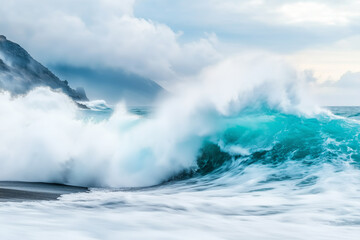 Obraz premium Massive turquoise ocean wave crashing on black sand beach with misty mountains in background