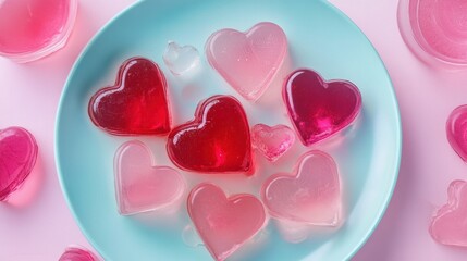 Fototapeta premium A playful Valentine jelly dessert shaped like love letters, featuring pink and red jelly, served on a pastel plate