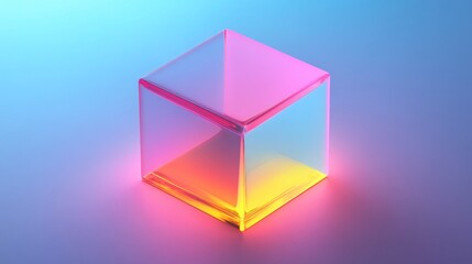Neon Cube: A vibrant 3D render of a translucent cube illuminated with neon colors, showcasing gradients of pink, blue, and yellow.