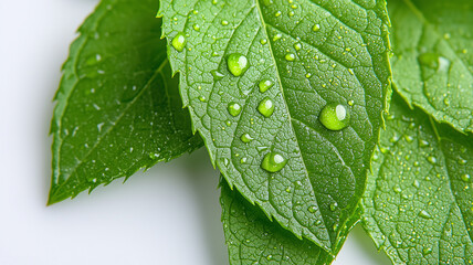 Fresh Mint Leaves with Dew Isolated on White Background

