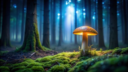Dark forest with a single glowing mushroom, nighttime, mysterious,  nighttime, mysterious
