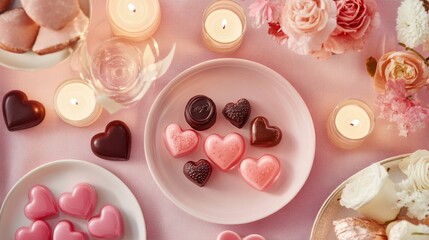 A romantic dessert spread with Valentine jelly hearts, chocolates, and candles, set on a pastel pink tablecloth