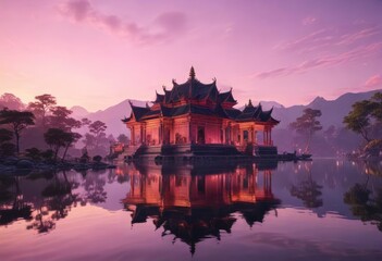 Naklejka premium Majestic temple complex at dawn with pink sky reflected in the calm waters of a serene lake , temple complex, serenity, lake reflections