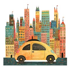 Obraz premium Whimsical Cityscape with Yellow Car Illustration.