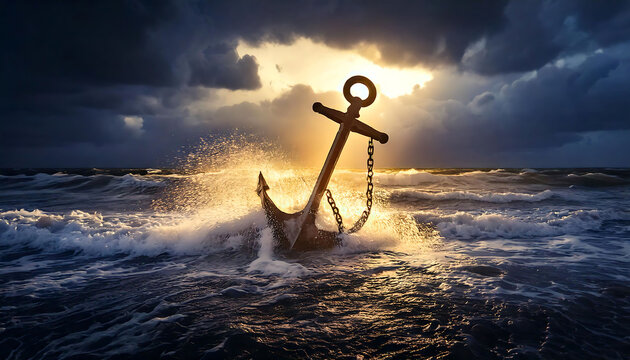 Dramatic sunset seascape featuring a large anchor in turbulent waves.