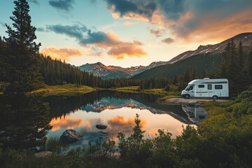 Stunning sunset reflection over a tranquil mountain lake with a camper van parked by the shore surrounded by lush trees