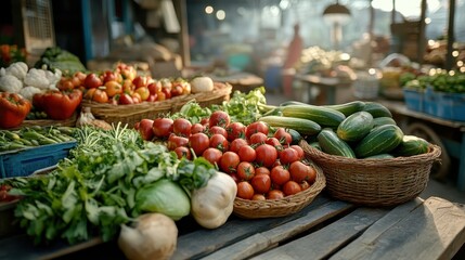 A farmer's market with fresh produce displayed on wooden tables.