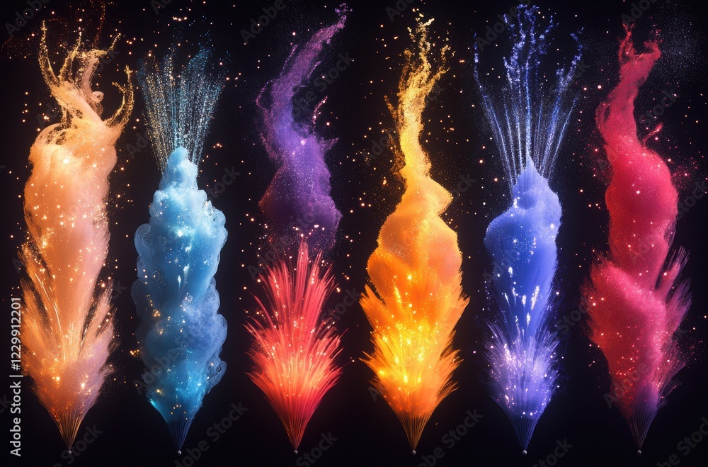 Poster vibrant colorful smoke and dust effects with sparkles on a dark background creating an artistic disp