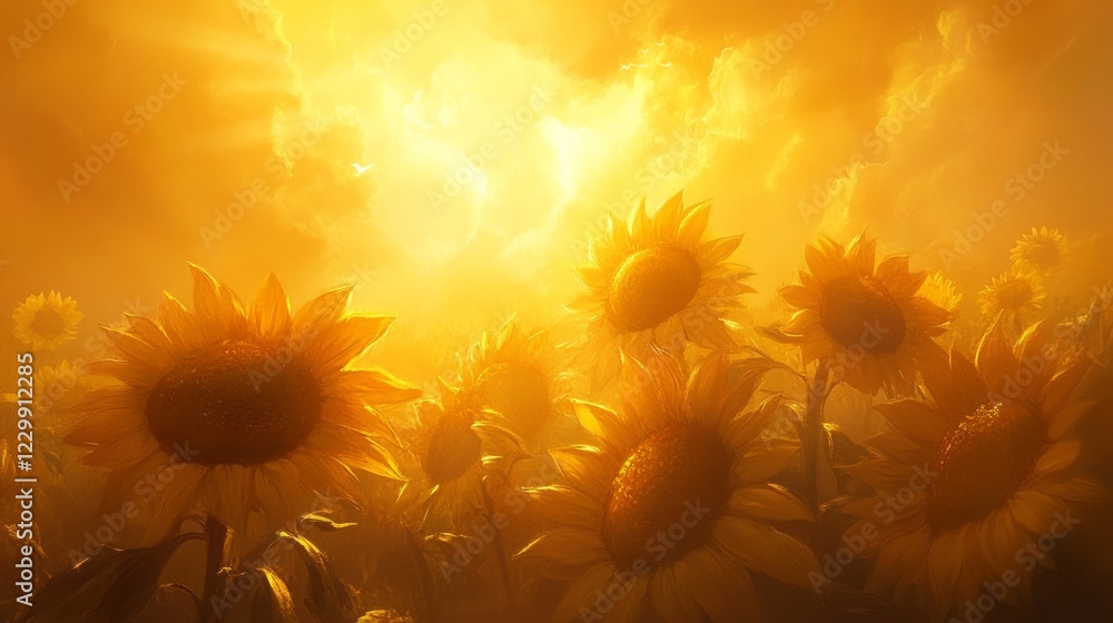 Aufkleber an artistic shot of a sunflower field with sunlight filtering through the petals, creating a warm an