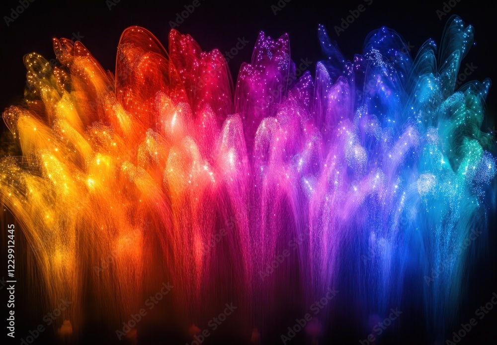 Poster Vibrant Colorful Water Fountain Display with Dynamic Splashes and Glowing Effects in a Dark Background for Nighttime Atmosphere Enhancement
