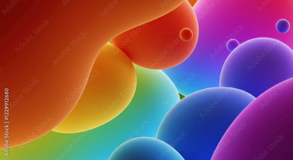 Poster abstract rainbow spheres: a vibrant abstract composition of colorful, translucent spheres arranged i