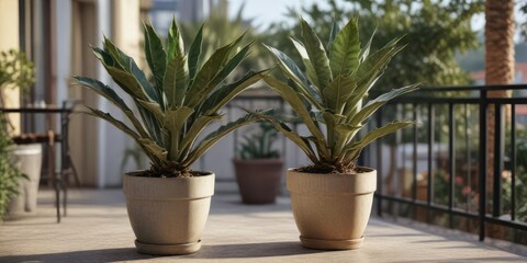 Obraz premium Mature Agave Americana Variegata in a pot on a balcony or patio, indoor plants, agave americana variegata, balcony plants