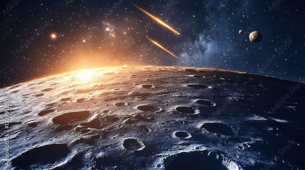 Canvas Prints stunning view of moon surface with space background and shooting stars