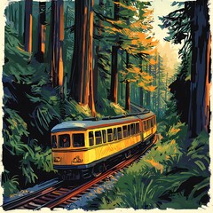 Obraz premium Retro Train Journey Through Redwood Forest.