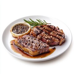 A plate of tender grilled ribeye steak with peppercorn sauce, isolated white background, classic realism art style