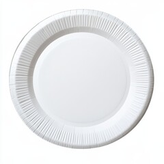 White paper plates with textured stripes, isolated on a white background, top view. Close-up of a round plastic plate for food or party decorations
