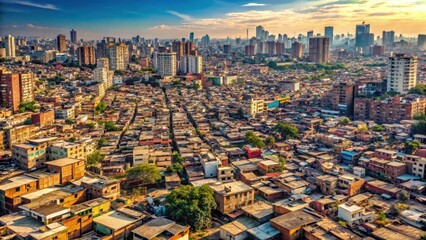 A sprawling cityscape with a stark contrast between wealthy and impoverished neighborhoods, urban poverty, urban divide