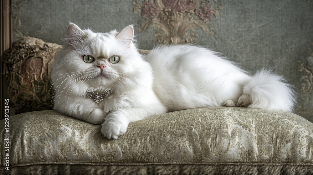 Poster an elegant white persian cat wearing a sparkling collar with a small gem, resting on a luxurious cus