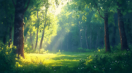 Naklejka premium Tranquil Forest Landscape With Soft Pastels and Gentle Sunlight Illuminating Lush Greenery. Generative AI