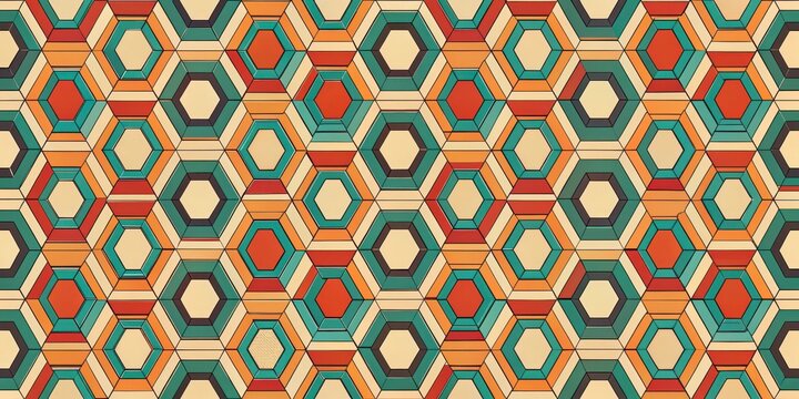 Vintage-inspired geometric pattern featuring interlocking hexagons and triangles in bold colors on a neutral background, bold colors, retro geometry