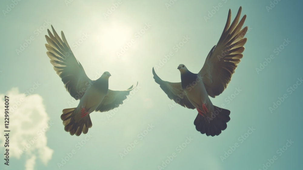 Poster an enchanting shot of two doves in flight against a bright blue sky, their wings spread wide, symbol
