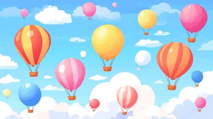Obraz premium Colorful Hot Air Balloons in a Bright Sky with Fluffy Clouds