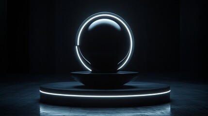 Futuristic Sphere on Illuminated Platform: A Cyberpunk Still Life