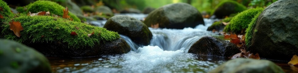 Mountain stream flowing over moss-covered rocks, stone, leaf, moss