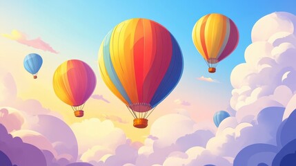 Obraz premium Colorful Hot Air Balloons Floating in a Bright Blue Sky with Clouds