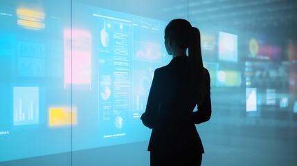Fototapeta premium Woman Analyzing Data on Futuristic Holographic Interface