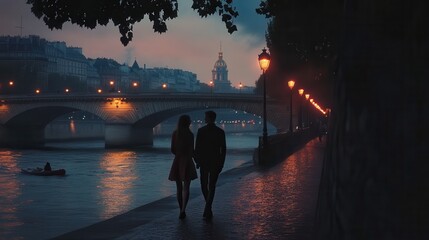 Fototapeta premium Silhouetted couples and individuals walk across the bridge at sunset, embracing the city's urban charm