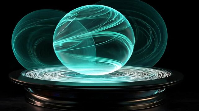 High-tech digital globe with neon blue circuitry floating over a futuristic platform in a dark background.