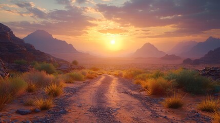 Desert road sunset landscape, mountains, travel adventure