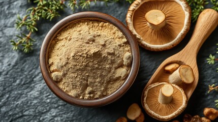 Mushroom elixir powder in a jar with wooden scoop and fresh mushrooms on slate, emphasizing natural wellness for Valentines Day