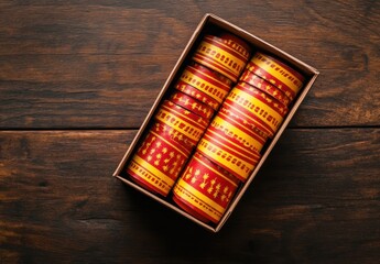 Vibrant Decorative Ribbons in Red and Gold Box on Wooden Surface for Festive Occasions and Gift Wrapping Ideas