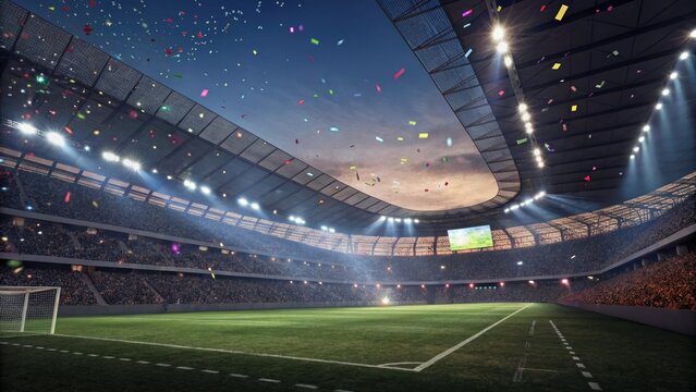 Overwhelming lights and colorful confetti illuminate an empty but elegant stadium conveying a sense of excitement and anticipation, excited, stadium, confetti, anticipatory