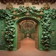 Fototapeta premium Ornate Green Doorway With Vines And Fruit Decor