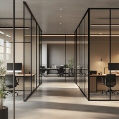 A modern workspace characterized by a sleek, minimalist design. The office showcases clean lines and an open layout, with glass partitions that create a sense of space and transparency. 