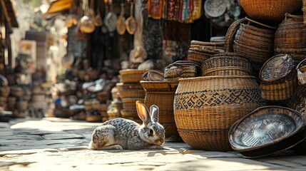 A bunny lying near a stack of woven baskets in a market. picture